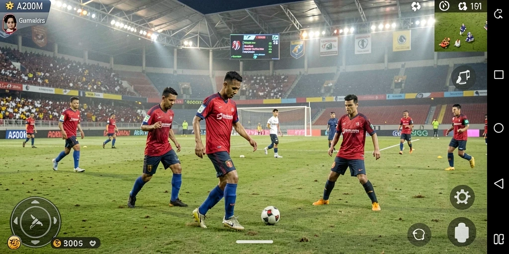 Gameplay seru A200M yang menggambarkan aksi sepak bola.