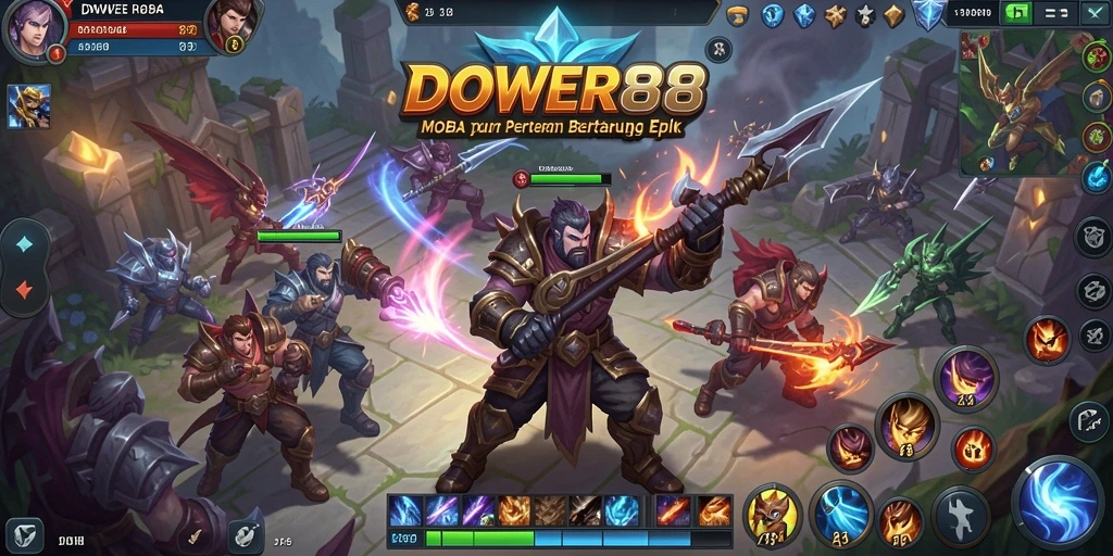 Screenshot gameplay DOWER88 dengan karakter bertarung di arena MOBA.
