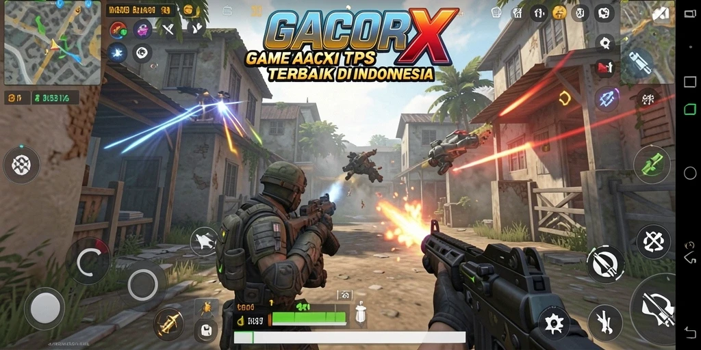 Screenshot utama GACORX menampilkan aksi intens di medan perang.