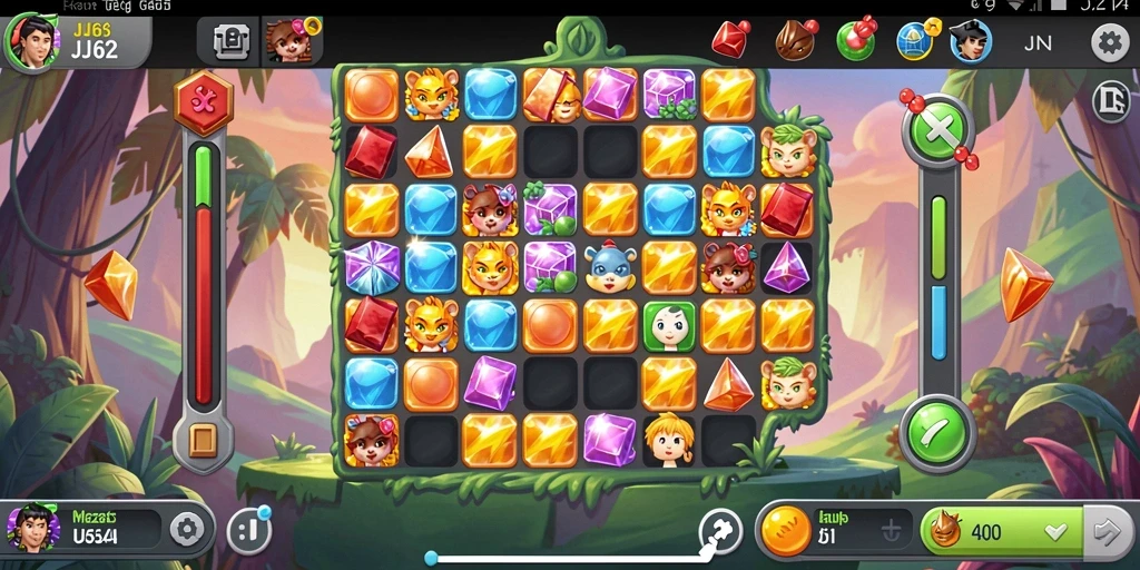 Tampilan menarik gameplay Match-3 dari JJ62 yang penuh warna.