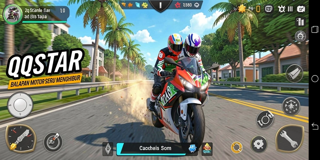 Screenshot gameplay QQSTAR menampilkan balapan motor yang penuh aksi.