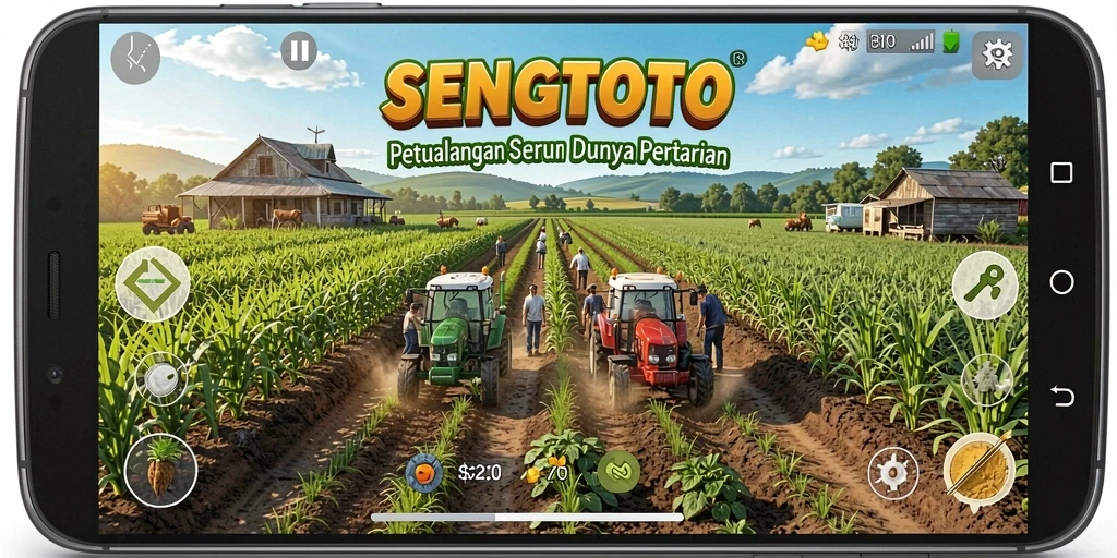 Screenshot SENGTOTO menampilkan pemain yang sibuk bertani di ladang yang hijau.