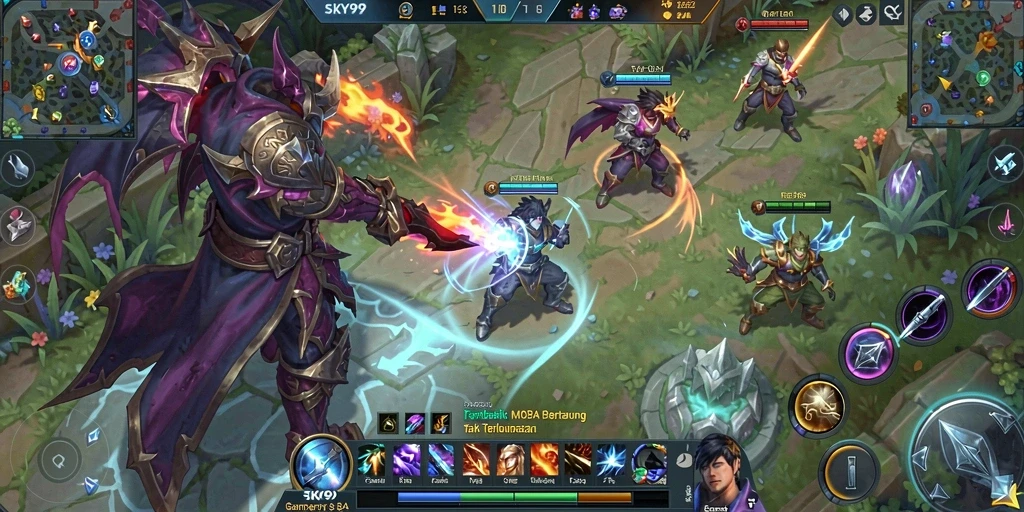 Tampilan aksi seru dalam game MOBA SKY99.