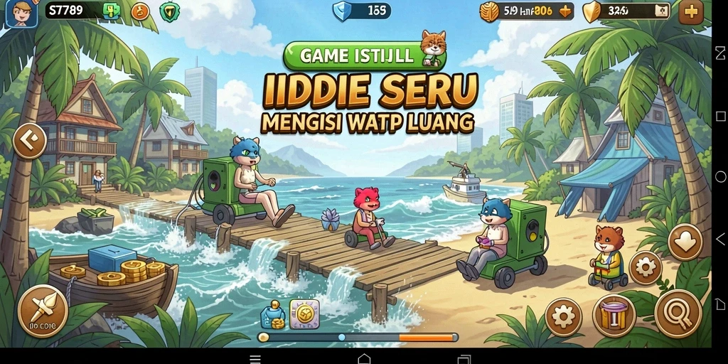 Screenshot gameplay ST789 menampilkan karakter lucu dan proses pengumpulan sumber daya.