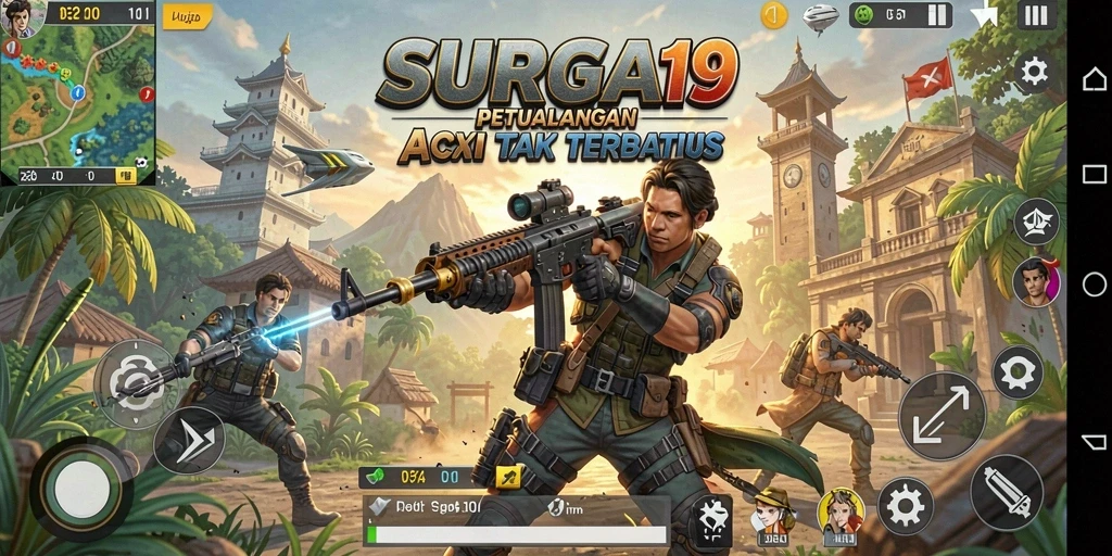 Tangkapan layar gameplay SURGA19 menampilkan pertempuran aksi yang intens.