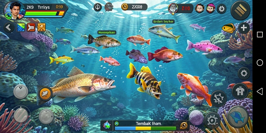 Tampilan gameplay menarik dari ZK9 dengan berbagai ikan warna-warni.